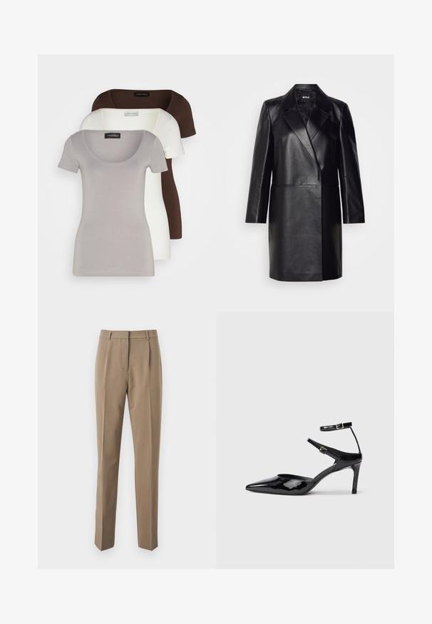 Juodas odinis švarkas su įpjovimu ant apykaklės, vienu mygtuku užsegamas ir ilgomis rankovėmis. Yra lygus paviršius ir pritaikytas siluetas.; Trys trumpų rankovių marškiniai pilkos, baltos ir rudos spalvos. Minkšta medvilninė medžiaga su apvalia iškirpte ir prigludusia forma. Žymės matomos ant kiekvieno marškinio.; Rudos pritaikytos kelnės, pagamintos iš lygios medžiagos, su tiesiomis kojomis, priekinėmis raukšlėmis ir juosmeniu su diržo kilpos.; Juodos lakinės odos aukštakulnės su smailiu koja, reguliuojamais kulkšnies dirželiais ir lieknu kulnu. Lygus paviršius su blizgiu apdaila.