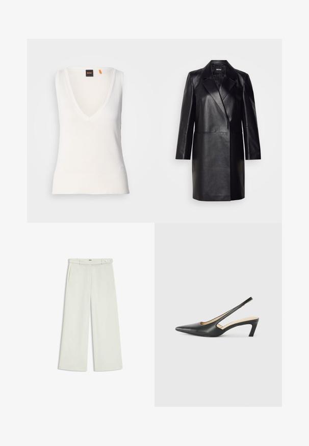 Czarna skórzana marynarka z wyprofilowanym kołnierzem, jednolitym zapięciem na guzik i długimi rękawami. Posiada gładką fakturę i dopasowany krój.; Biała, bezrękawnikowa bluzka z dekoltem w kształcie litery V, wykonana z gładkiego materiału. Posiada żebrowany dół oraz subtelny detal logo w lewym dolnym rogu.; Spodnie szerokie w jasnym kremowym kolorze, z bocznymi kieszeniami, płaskim przodem i pojedynczym zapięciem na guzik w talii. Gładka faktura.; Czarny but na obcasie typu slingback z ostro zakończonym noskiem, z niskim obcasem, wykonany z gładkiej skóry, z wycięciem po boku dla lepszej wentylacji.