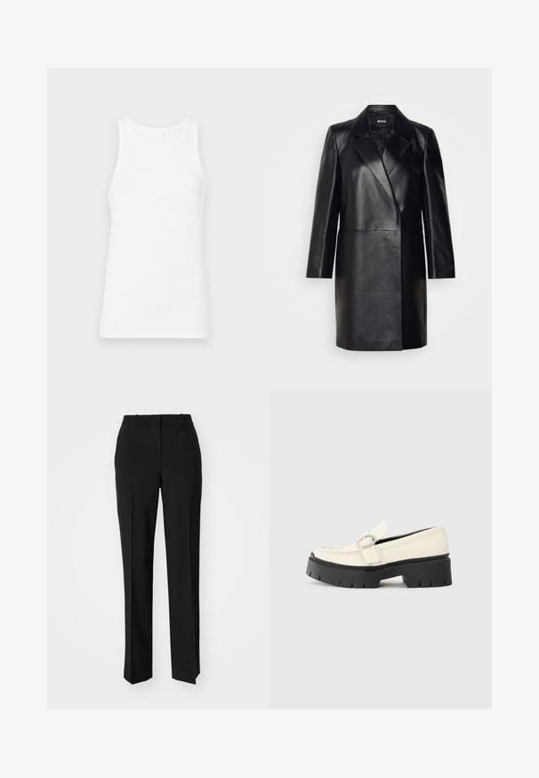 Melna ādas bleizera ar iegriezto apkakli, vienu pogu un garām piedurknēm. Iezīmē gludu tekstūru un piegriezumu, kas pielāgots figūrai.; Baltas kokvilnas bezpiedurkņu krekls ar apaļu kakla izgriezumu un platām plecu lencēm. Audums ir gluds un pieguļošs, bez redzamām rakstu vai rotājumu. ; Melnas pielāgotas bikses ar taisnu kāju dizainu, kas raksturojas ar gludu faktūru un asiem krokām pa priekšu. Nav redzamu metāla detaļu.; Baltā ādas loafera ar masīvu melnu platformu, ar taisnstūra sudraba sprādzi un redzamām šuvām augšējā daļā.