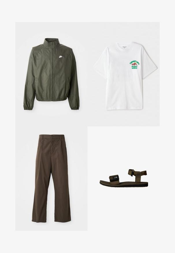 Casaco Nike verde oliva com gola alta, fecho de correr na frente, punhos elásticos e um pequeno logótipo branco no lado esquerdo do peito. Leve, com uma textura suave.; T-shirt de algodão branca com um texto gráfico em verde e vermelho no lado esquerdo do peito que diz "cashart Who Pronto Subito." Mangas curtas.; Calças largas, castanhas, feitas de algodão, com fecho frontal por botão, passadores de cinto e uma textura suave e mate.; Sandal de tiras castanho com uma palmilha texturizada, fivela ajustável no tornozelo e fecho de Velcro. Acentos pretos e logotipo na tira.