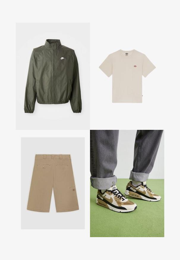 Olivgrön Nike-jacka med hög krage, zippered fram, elastiska manschetter och en liten vit logotyp på vänster bröst. Lättviktsmaterial med en slät yta.; Krämfärgad bomulls t-shirt med korta ärmar, rund halsringning och en liten flerfärgad broderad logotyp på bröstet.; Ljusbruna shorts med rak framdel, två bakfickor och en sidoficka i cargo-stil. Tillverkade av mjukt bomullstyg.; Nike Air Max 90 sneakers i beige och svart, med mesh- och lädermaterial, synlig dämpning och svarta snören.