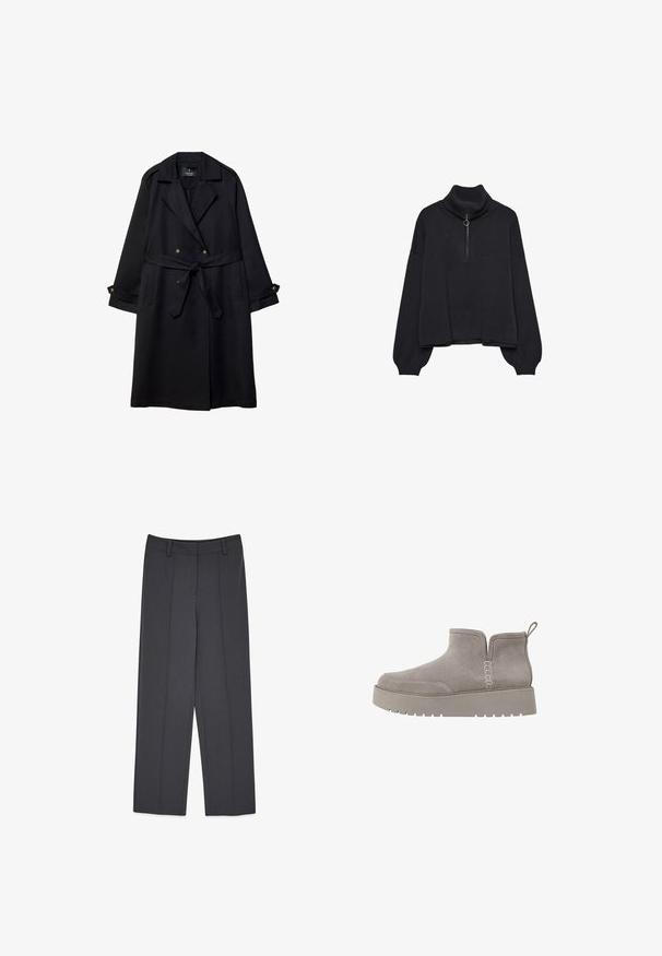 Czarny płaszcz trench z gładkiego materiału, z podwójnym zapięciem, paskiem w talii i zapięciami na guziki przy mankietach oraz dwoma przednimi kieszeniami.; Czarny sweter z golfem z połowy zipa, z przesztywnymi rękawami i miękką teksturą. Oferuje ribbowany kołnierz i dół. Minimalistyczny design.; Szare spodnie w kant o prostym kroju, z wyraźnymi zagięciami, gładką teksturą i paskiem do paska. Nie widać kieszeni.; Szare zamszowe botki za kostkę o niskim profilu, z elastycznymi bocznymi panelami i teksturowaną gumową podeszwą. Posiadają pętelkę ułatwiającą zakładanie.