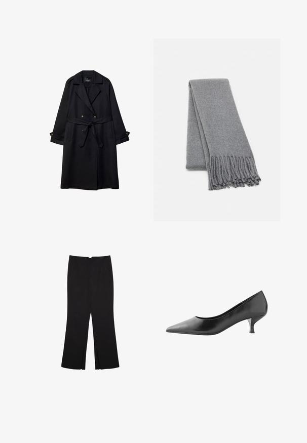 Cappotto trench nero realizzato in tessuto liscio, con un design doppiopetto, vita cintata e polsini con bottone, dotato di due tasche frontali.; Maglione nero lavorato a maglia con scollatura a girocollo a coste, maniche lunghe e orlo dritto. Texture morbida, design minimalista e stile versatile.; Pantaloni neri a gamba dritta, con tasche frontali e spacchi laterali all'orlo. Realizzati in tessuto morbido e liscio. Adatti a diverse occasioni.; Next FOREVER COMFORT COURT - Decolleté - mottled black; Sciarpa in lana grigia con una consistenza morbida, caratterizzata da bordi frangiati e un design semplice. Piegata ordinatamente, mette in risalto la sua forma allungata.