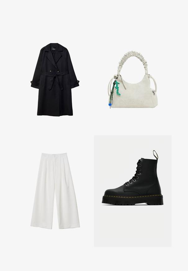 Mustapohja, joka on valmistettu sileästä kankaasta, kaksinkertainen nappivarsi, vyöllä varustettu vyötärö ja nappikiinnitys hihansuissa, joissa on kaksi etutaskua.; Kermainen kaapelikudottu neulepaita, jossa on lyhyt muotoilu, resorit hihansuissa ja kontrastivärinen musta reunus kaula-aukossa ja helmassa.; Valkoiset leveälahkeiset housut, joissa on laskostettu etuosa, nappisuljenta ja sileä kangastuntuma. Sopivat rentoihin tai virallisiin tilaisuuksiin.; Musta nahkainen nauhakenkä ankle boot, jossa on paksu, teksturoitu kumipohja ja keltainen ompelu yksityiskohtana alapuolella.; Vaaleanbeige tekonahkainen käsilaukku, jossa on rypytetty kahva, vetoketjullinen tasku ja vihreä koriste. Sileä pinta, hillitty kohokuvioitu logo ja tyylikäs muotoilu.