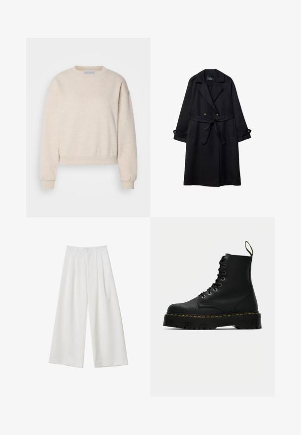 Črn plašč iz gladkega blaga, z dvorednim zapiranjem, pasom s pasom in gumbi na manšetah ter dvema sprednjima žepoma.; Svetlo bež sweatshirt iz mehkega materiala, ki ima okrogel izrez, spuščene ramenske šive ter rebraste manšete in polovico.; Bela široka hlače z nabranim sprednjim delom, gumbom za zapiranje in gladko teksturo blaga. Primerne za sproščene ali formalne priložnosti.; Črne usnjene čipkaste gležnjarje z robustnim strukturiranim gumijastim podplatom in podrobnostmi v rumeni barvi okoli platforme.