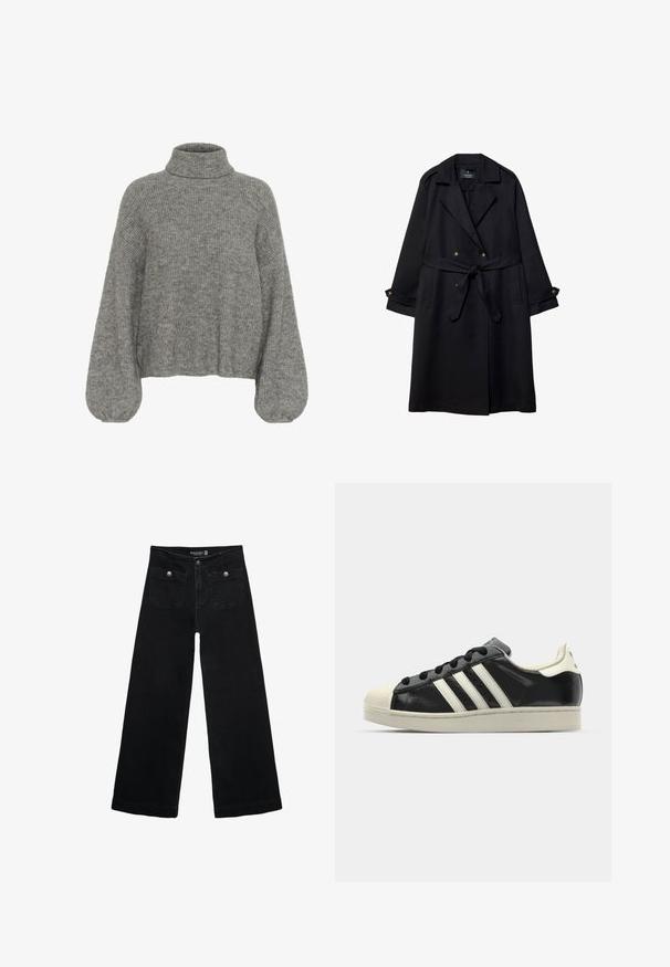 Mustapohja, joka on valmistettu sileästä kankaasta, kaksinkertainen nappivarsi, vyöllä varustettu vyötärö ja nappikiinnitys hihansuissa, joissa on kaksi etutaskua.; Harmaa, ribatunkoinen neulepaita korkealla kauluksella, putoavilla hartioilla ja volyymikkailla hihoilla. Pehmeä rakenne ja lyhyt malli.; Mustat leveälahkeiset farkut korkean vyötärön kanssa, joissa on kaksi etutaskua ja metalliset nappikoristeet. Kangas on sileä.; Musta nahkasneakeri, jossa on valkoiset raidat, kuminen varvassuoja, mustat nauhat ja kermaisa ulkopohja. Suora pinta ja kiiltävä viimeistely.