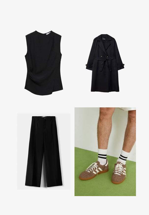 Črn plašč iz gladkega blaga, z dvorednim zapiranjem, pasom s pasom in gumbi na manšetah ter dvema sprednjima žepoma.; Črna brezrokavna majica z okroglim izrezom, mehkim materialom in drapiranim bočnim detajlom za dodatno teksturo in obliko.; Črne široke hlače iz lahkega materiala, z zapiranjem na gumb spredaj in ravnim sprednjim delom, s skrbno zašiti robovi.; Rjavi semiš športni čevlji z belimi detajli in vezalkami. Gumijast podplat. Nošeni z belimi nogavicami z črnimi črtami. Zelena teksturirana talna obloga.