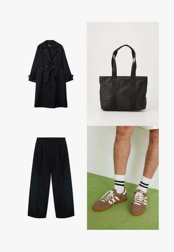 Črn plašč iz gladkega blaga, z dvorednim zapiranjem, pasom s pasom in gumbi na manšetah ter dvema sprednjima žepoma.; Tri bele bombažne majice s kratkimi rokavi in okroglih izrezi, ki imajo gladko teksturo in dosleden dizajn.; Črne široke hlače iz tkanine, ki imajo visok pas in dve sprednji žepki. Gladka tekstura s čistimi linijami.; Rjavi semiš športni čevlji z belimi detajli in vezalkami. Gumijast podplat. Nošeni z belimi nogavicami z črnimi črtami. Zelena teksturirana talna obloga.; Črna najlonska torba z dvema trdnima ročajema, ki se ponaša z teksturirano površino in embosiranim logotipom. Preprost dizajn brez dodatnih okraskov.