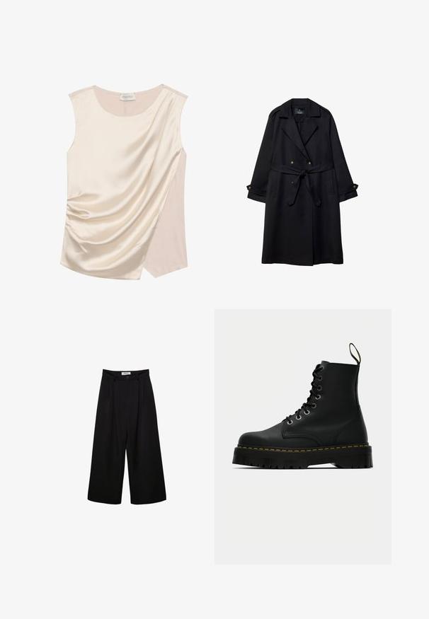 Sort trenchcoat lavet af glat stof, med dobbeltbrystet design, bæltestrop i taljen, og knapmanchetter med to forlommer.; Sømløs top i creme satin med draperet design, der har en glat tekstur og et kontrasterende panel i en lysere nuance på siden.; Sorte brede bukser med høj talje, plisseret front og knaplukning. Lavet af glat stof med en skræddersyet design.; Sorte læder snørebånd ankle boots med en kraftig tekstureret gummisål og gule syninger omkring platformen.