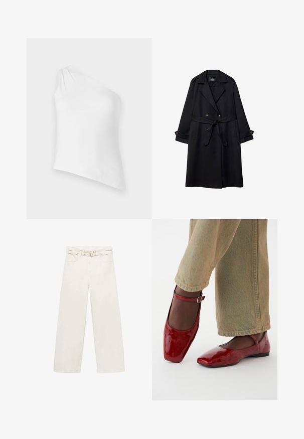 Čierny trenčkot vyrobený z hladkej látky, s dvojradovým zapínaním, opaskom v páse a gombíkovými manžetami, obsahujúci dve predné vrecká.; Asymetrický biely top s jedným ramienkom, vyrobený z hladkej tkaniny. Má jemný záhyb na ramene, priliehavý strih a čistý lem.; Široké nohavice v krémovej farbe vyrobené z bavlny. Majú pás s opaskom, zips a dve predné vrecká. Hladký povrch, minimálne šitie.; Červené lakované kožené topánky so štvorcovou špičkou, nízkym podpätkom a remienkom okolo členku, v kombinácii so svetlozelenými širokými džínsmi. Hladká textúra, reflexný povrch.