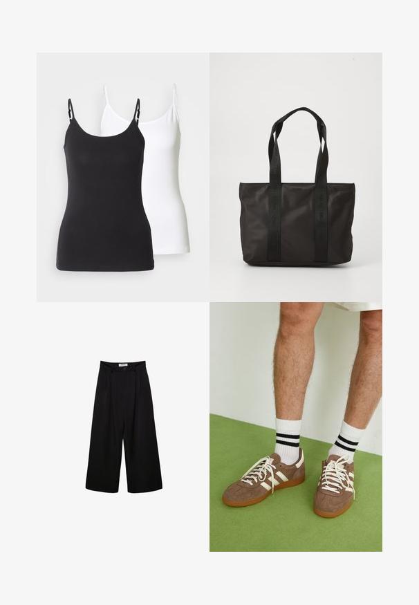 Czarny płaszcz trench z gładkiego materiału, z podwójnym zapięciem, paskiem w talii i zapięciami na guziki przy mankietach oraz dwoma przednimi kieszeniami.; Czarno-białe bawełniane koszulki na ramiączkach z regulowanymi cienkimi paskami, o dopasowanym kroju i gładkiej fakturze.; Czarne spodnie szerokie nogawki z wysokim stanem, z plisowanym przodem i zapięciem na guzik. Wykonane z gładkiego materiału o dopasowanym kroju.; Brązowe zamszowe sneakersy z białymi akcentami i sznurówkami. Gumowa, brązowa podeszwa. Noszone z białymi skarpetkami w czarne paski. Zielona teksturowana podłoga.; Czarna torba na ramię z nylonu z dwoma wytrzymałymi uchwytami, o teksturowanej powierzchni i wytłoczonym logo. Prosty design bez dodatkowych ozdób.