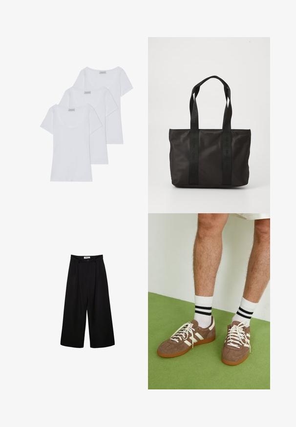 Čierny trenčkot vyrobený z hladkej látky, s dvojradovým zapínaním, opaskom v páse a gombíkovými manžetami, obsahujúci dve predné vrecká.; Tri biele bavlnené tričká s krátkymi rukávmi a okrúhlym výstrihom, s hladkou textúrou a konzistentným dizajnom.; Čierne široké nohavice s vysokým pásom, plisovaným predným dielom a zapínaním na gombík. Vyrobené z hladkej tkaniny s módnym strihom.; Hnedé zamatové tenisky s bielymi akcentmi a šnúrkami. Gumová podrážka. Nosené s bielymi ponožkami so čiernymi pruhmi. Zelená textúrovaná podlaha.; Čierna nylonová taška s dvoma pevným uchami, s textúrovaným povrchom a embosovaným logom. Jednoduchý dizajn bez akýchkoľvek dodatočných ozdôb.