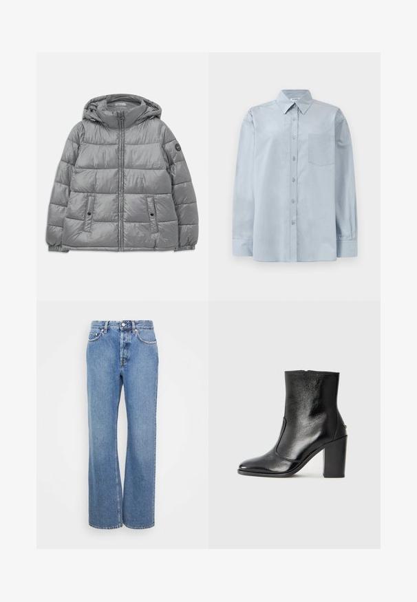 Casaco cinza acolchoado com capuz, fecho em zíper à frente, dois bolsos laterais, punhos elásticos e um logótipo circular na manga esquerda. Textura lisa e brilhante.; Camisa azul claro de manga longa, com colarinho pontudo e bolso no peito, disposta em cima de um fundo branco.; Jeans de cintura alta, em lavagem clara, com corte reto e pernas largas. Apresentam costura clássica de denim e cinco bolsos. Textura suave.; Bota ankle preta em pele com uma textura suave, bico fino e um salto alto robusto. Apresenta uma abertura lateral e um design minimalista.
