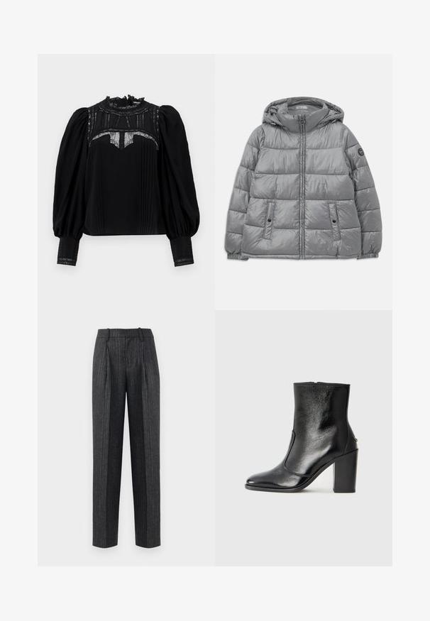 Pružená sivá bunda s kapucňou, so zipsom vpredu, dvoma bočnými vreckami, elastickými manžetami a kruhovým logom na ľavom rukáve. Hladká, lesklá textúra.; Čierna blúzka s vysokým krajkovým golierom, plisovaným predným dielom a naberanými rukávmi. Krajkové detaily na výstrihu a manžetách dodávajú kúzlo. Hladká textúra.; Členkové nohavice z tmavošedej látky s jemnými pásikmi, s rovný strihom, prednými záhybmi a hladkou textúrou.; Čierna kožená kotníková obuv s hladkým povrchom, špicatou špičkou a masívnym vysokým podpätkom. Zdobená bočným otvorom a minimalistickým dizajnom.
