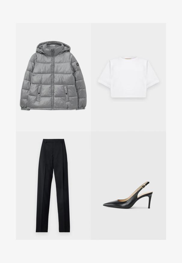 Padded gray jacket with a hood, zip front, two side pockets, elastic cuffs, and a circular logo on the left sleeve. Smooth, shiny texture.; Cropped white t-shirt made of soft fabric, featuring short sleeves, a round neckline, and ribbed hem details. Simple and unembellished design.; Black trousers made from smooth fabric featuring a high waist, wide legs, front pleats, and classic belt loops. No side pockets visible.; Black leather slingback high heels with a pointed toe, adjustable strap, and a sleek stiletto heel, featuring a smooth finish.