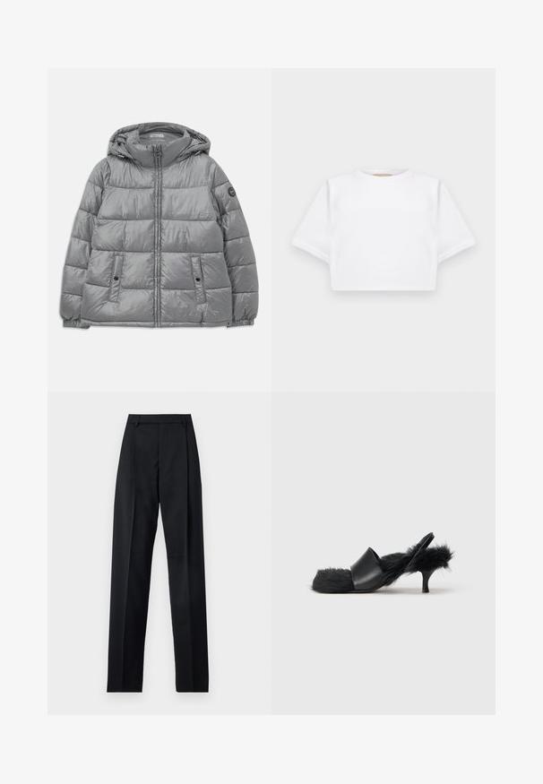 Chaqueta gris acolchada con capucha, cierre frontal con cremallera, dos bolsillos laterales, puños elásticos y un logo circular en la manga izquierda. Textura suave y brillante.; Camiseta blanca corta hecha de una tela suave, con mangas cortas, escote redondo y detalles de ribete en el dobladillo. Diseño simple y sin adornos.; Pantalones negros de tela suave con cintura alta, piernas amplias, pliegues frontales y lazos de cinturón clásicos. No hay bolsillos laterales visibles.; Sandal de tacón bajo negro con pelaje esponjoso que cubre la plantilla, la correa del tacón y la zona de los dedos, con una correa frontal de cuero suave.