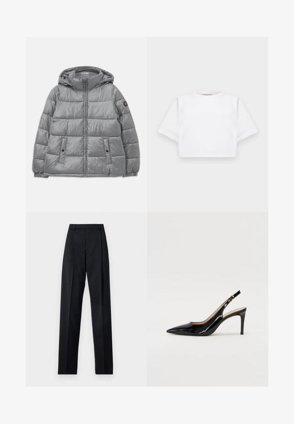 Grijze gewatteerde jas met een capuchon, ritssluiting aan de voorkant, twee zijzakken, elastische manchetten en een cirkelvormig logo op de linker mouw. Glad, glanzende textuur.; Gemiddelde witte T-shirt gemaakt van zachte stof, met korte mouwen, een ronde halslijn en geribbelde zoomdetails. Eenvoudig en ongecompliceerd ontwerp.; Zwarte broek gemaakt van gladde stof met een hoge taille, wijde benen, voorplooien en klassieke ceintuurlussen. Geen zijzakken zichtbaar.; Zwarte gepatineerde leren slingback pump met een puntige neus, slanke hak en een subtiel uitgesneden ontwerp. Bevat een gouden gesp op de band.
