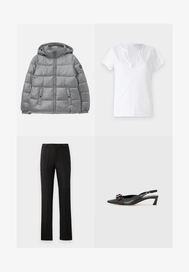 Pampuotas pilkas džemperis su gobtuvu, su užtrauktuku priekyje, dviem šoninėmis kišenėmis, elastinėmis rankovėmis ir apvaliu logotipu kairiajame rankovėje. Lygus, blizgus paviršius.; Balta medvilninė marškinėliai trumpomis rankovėmis, laisvai krentančio silueto, su V formos iškirpte, kuri turi penkis dekoratyvinius mygtukus.; Juodos pritaikytos kelnės su tiesiomis kojomis, dviem priekinėmis kišenėmis, mygtuko uždarymu ir raukšlėmis priekyje. Glotnaus audinio tekstūra.; Juodas odinis slingback batelis su smailiu nosiu, maža pakulne ir dekoratyvine sagtimi viršuje. Lygus paviršius, minimalistas dizainas.