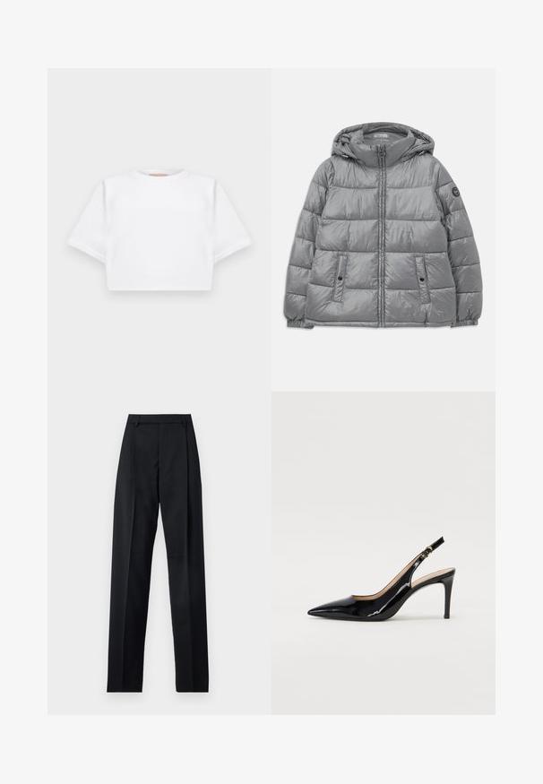 Padded gray jacket with a hood, zip front, two side pockets, elastic cuffs, and a circular logo on the left sleeve. Smooth, shiny texture.; Cropped white t-shirt made of soft fabric, featuring short sleeves, a round neckline, and ribbed hem details. Simple and unembellished design.; Black trousers made from smooth fabric featuring a high waist, wide legs, front pleats, and classic belt loops. No side pockets visible.; Black patent leather slingback pump with pointed toe, slim heel, and a subtle cutout design. Features a gold buckle on the strap.