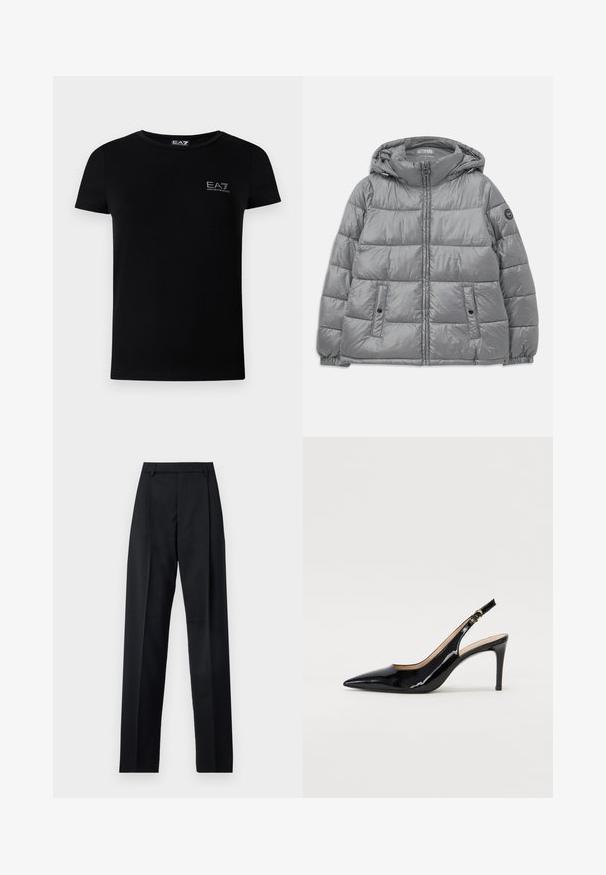 Padded gray jacket with a hood, zip front, two side pockets, elastic cuffs, and a circular logo on the left sleeve. Smooth, shiny texture.; Black cotton t-shirt with a round neckline, short sleeves, and a small EA7 logo on the left chest. Simple, fitted design.; Black trousers made from smooth fabric featuring a high waist, wide legs, front pleats, and classic belt loops. No side pockets visible.; Black patent leather slingback pump with pointed toe, slim heel, and a subtle cutout design. Features a gold buckle on the strap.