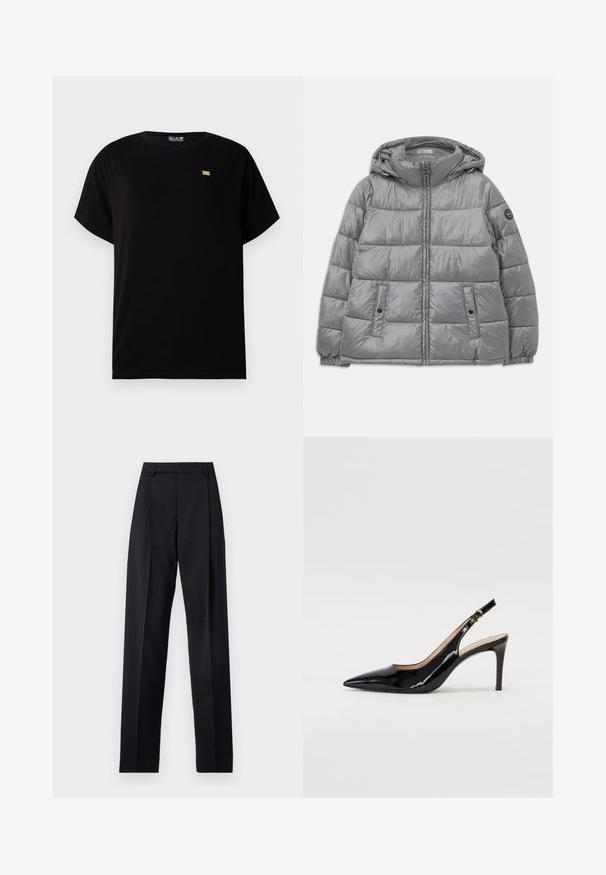 Podložena siva jakna s kapuco, zadrgo spredaj, dvema stranskima žepoma, elastičnimi manšetami in okroglim logotipom na levi roki. Gladka, sijoča tekstura.; Črna majica iz mehke tkanine z okroglim izrezom, kratkimi rokavi in majhnim zlatim logotipom blizu prsnega koša.; Črne hlače iz gladkega materiala, ki imajo visok pas, široke noge, sprednje nabore in klasične zanke za pas. Nevidni stranski žepi.; Črne lakirane slingback čevlje z izostrenim nosom, ozkim peto in subtilnim izrezom. Na traku je zlata sponka.