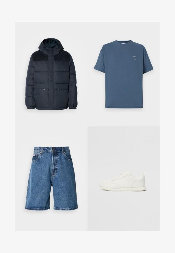 Jūrų jėgos pūkinė striukė su kapuce, siuvinėta dizaino, tekstūruotais pečių įdėklais, priekinėmis kišenėmis ir elastingomis rankogaliais. Ant krūtinės yra logotipas.; Mėlynas medvilninis marškinėliai su klasikinėmis apvalia kaklo iškirpte, trumpomis rankovėmis, laisvu siluetu ir dviem mažais atspausdintais logotipais ant krūtinės. Lygi tekstūra.; Džinsiniai šortai išblukusios mėlynos spalvos, aukštu liemeniu, su dviem priekinėmis kišenėmis, siuvinėtais akcentais ir mygtuko uždarymu.; Balti sportbačiai su tinkline ir sintetine viršutine dalimi, apvaliu nosiu, plokščiomis raištelėmis ir tekstūruota šonine juosta. Guma, kurios padas su vilkimo kilpute gale.