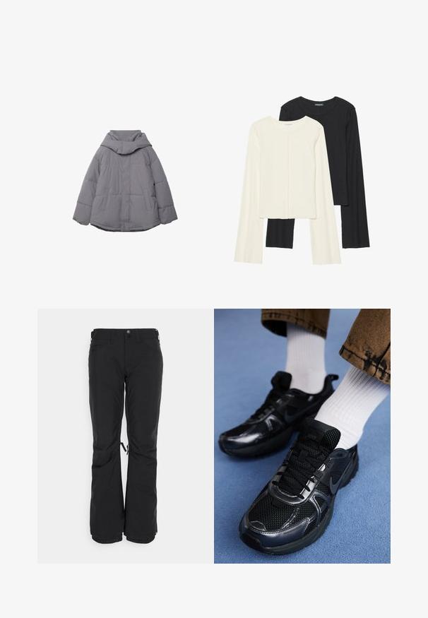 Šedá péřová bunda s vysokým límcem, dvěma předními kapsami a elastickými manžetami. Materiál vypadá hladce s prošívanou strukturou.; Souprava dvou dlouhých rukávů v bílé a černé barvě. Hladká textura, kulatý výstřih, upnutý střih s mírně rozšířenými rukávy.; Černé lyžařské kalhoty vyrobené z odolného materiálu, s rovnými nohavicemi, dvěma bočními kapsami a nastavitelnými manžetami se šňůrkami.; Černé sportovní boty Nike mají síťovinový svršek s lesklými akcenty, černé tkaničky a texturovanou podrážku. V kombinaci s bílými žebrovanými ponožkami.