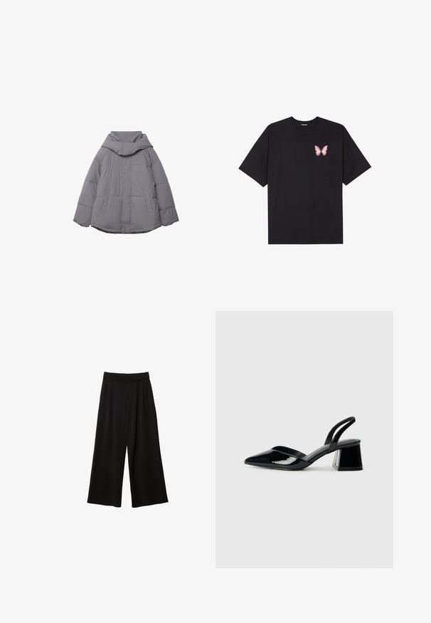 Graue Daunenjacke mit hohem Kragen, zwei Fronttaschen und elastischen Bündchen. Das Material wirkt glatt mit einer gesteppte Textur.; Schwarzes Baumwoll-T-Shirt mit kurzen Ärmeln, das ein kleines pinkes Schmetterlingsmotiv auf der linken Brust zeigt. Crewneck-Design mit einem entspannten Schnitt.; Schwarze weit geschnittene Hosen mit hoher Taille, die Falten, eine glatte Textur und keine sichtbaren Taschen oder Verzierungen aufweisen.; Schwarze Lackleder-Slingback-High Heels mit spitzem Schuh und einem geometrischen Blockabsatz. Verfügt über ein schlankes, minimalistisches Design und eine glatte Textur.