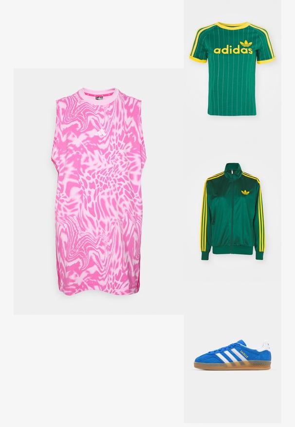 Roheline satiinist spordijakk, lukuga ees, kõrge kaelus, kollased kolm triipu disainis varrukatel ning väike kollane logo rinnal.; Ilma varrukatega roosa topp, millel on keerlev valge muster, ümara kaelusega ja külgede lõhikuga. Valmistatud pehmest ja kergest kangast.; Roheline puuvillane T-särk vertikaalsete valgete triipudega, kollaste detailidega ja „adidas“ logo kollases kirjas. Lühikesed varrukad ja ümmargune kaelus.; Sinised sametist tened, valgete triipudega ja "Gazelle" tekstiga. Omab kummist tallat ja tekstureeritud aktsente ülaosas. Klassikaline disain.