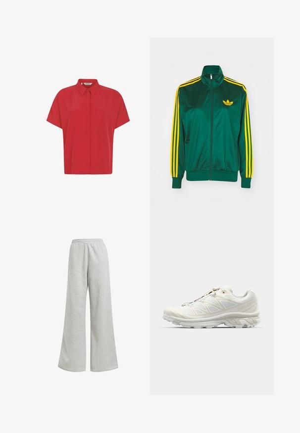 Zielona satynowa kurtka sportowa, zapinana na zamek, z wysokim kołnierzem, żółty wzór w trzy paski na rękawach i małe żółte logo na piersi.; Czerwona koszula z krótkim rękawem, wykonana z lekkiego materiału, z kołnierzykiem zapinanym na guziki i prostym krojem. Gładka faktura, bez wzorów.; Szare dresy z szerokimi nogawkami, wykonane z miękkiego materiału bawełnianego. Posiadają elastyczny pas i minimalne zdobienia.; Białe buty do biegania z przewiewną siateczką, teksturowanymi akcentami i amortyzowaną podeszwą. Posiadają system szybkiego sznurowania dla łatwego dopasowania.