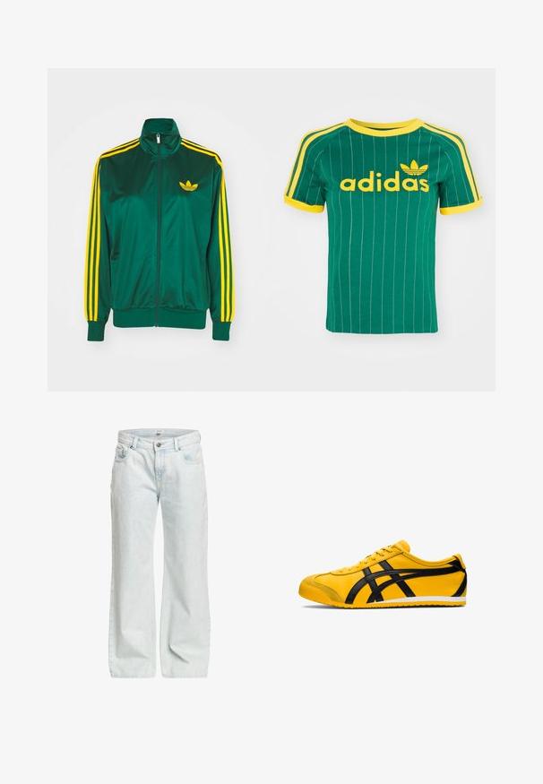 Groene satijnen trainingsjack, met rits aan de voorkant, hoge kraag, gele drie-strepen design op de mouwen en een klein geel logo op de borst.; Groene katoenen T-shirt met verticale witte strepen, gele accenten en het 'adidas' logo in gele letters. Korte mouwen en een ronde hals.; Lichtblauwe wijde spijkerbroek van denim, met knoopsluiting, vijf zakken en een lichte vervaagde textuur overal.; Gele sportieve schoen met zwarte accenten, gladde leren textuur, gebogen ontwerp, ronde teen, platte witte zool en opvallende branding aan de zijkant.