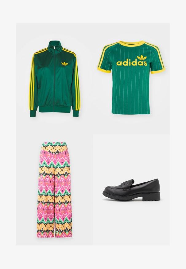 Groene satijnen trainingsjack, met rits aan de voorkant, hoge kraag, gele drie-strepen design op de mouwen en een klein geel logo op de borst.; Groene katoenen T-shirt met verticale witte strepen, gele accenten en het 'adidas' logo in gele letters. Korte mouwen en een ronde hals.; Multikleurige wijde broek met een geometrisch patroon in roze, groen, oranje en zwart. Gemaakt van lichtgewicht stof met een soepele afwerking.; Zwarte leren instappers met een ronde neus, twee decoratieve banden over de bovenkant en een dikke rubberen zool met profiel.