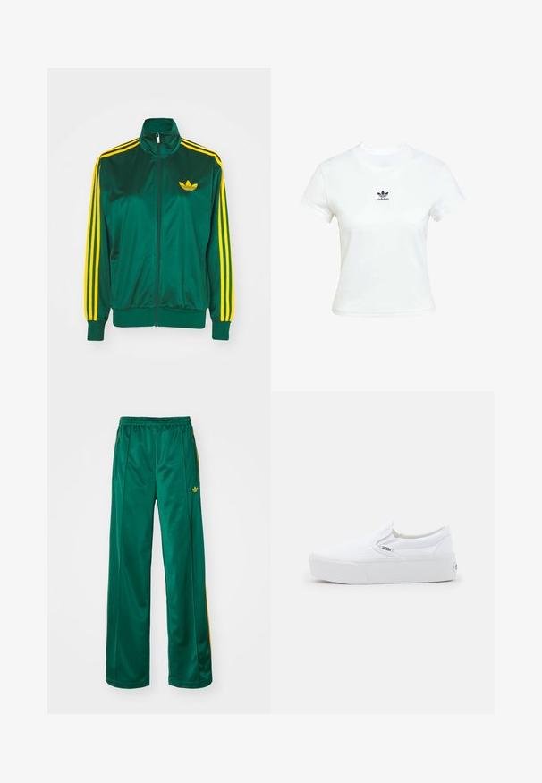 Veste de survêtement en satin vert, fermeture éclair devant, col haut, design à trois rayures jaunes sur les manches, et un petit logo jaune sur la poitrine.; T-shirt en coton blanc à manches courtes et encolure ras du cou. Présente un logo Adidas noir imprimé sur la poitrine. Design simple et minimaliste.; Pantalons de sport en satin vert avec une coupe décontractée, présentant des accents de rayures jaunes et un logo brodé sur le côté gauche. Taille élastique.; Sneakers slip-on Vans blanches avec une semelle épaisse et une discrète étiquette logo sur le côté, présentées de profil sur un fond clair.