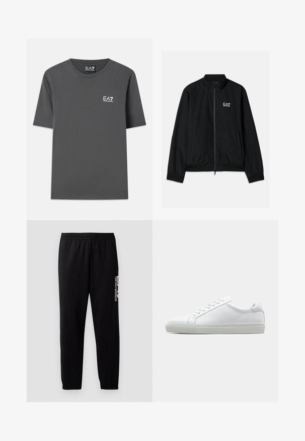 Svart bomberjakke med høy krage, glidelåsfront, elastiske mansjetter og nederkant. Har hvit EA7-logo på venstre bryst og to sidelommer.; Grå kortermet T-skjorte laget av bomull. Har rund hals og en liten hvit EA7-logo på brystet. Flat nederkant.; Sorte treningsbukser laget av glatt stoff, med elastisk midjebånd og mansjetter, samt en kontrasterende logo trykket på siden.; Hvit sneakers med en glatt skinnoverdel og lav profil. Har en rund tå, seks snøring hull, og en teksturert gummisåle.