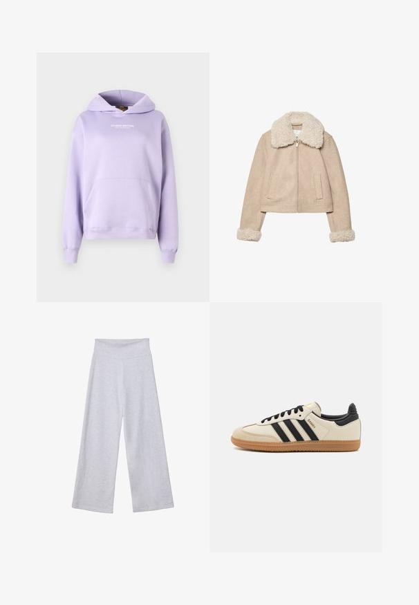 Béžová skrátená bunda vyrobená z mäkkej tkaniny, ktorá má nadýchaný krémový golier a manžety, zipsové uzatváranie a dve predné vrecká.; Svetlofialová mikina s kapucňou, predným vreckom, sťahovacou kapucňou a textom "STUDIO EDITION". Vyrobená z mäkkej látky s rebrovanými manžetami a spodným lemom.; Svetlošedé nohavice s širokými nohavicami a vysokým pásom. Vyrobené z jemného materiálu, s hladkou textúrou a voľným strihom pre pohodlie.; Béžová športová obuv s čiernymi pruhmi, gumovou podošvou a čiernymi akcentami. Má hladký kožený zvršok a zaoblený dizajn prstov.