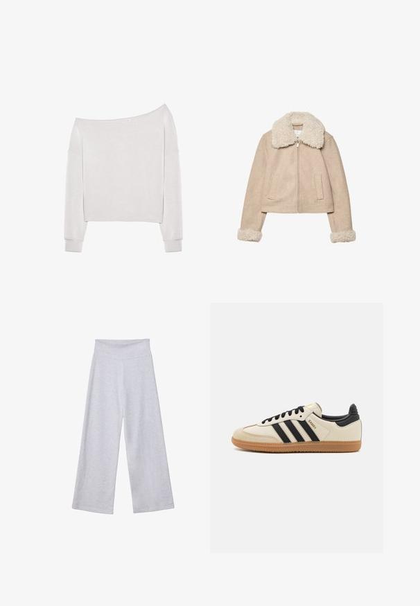 Béžová zkrácená bunda vyrobená z měkké tkaniny, s nadýchaným krémovým límcem a manžetami, se zipovým zapínáním a dvěma předními kapsami.; Stradivarius SOFT-TOUCH EXPOSED SHOULDER - Mikina - silver coloured; Světle šedé kalhoty s širokými nohavicemi a vysokým pasem. Vyrobené z měkké látky, s hladkým povrchem a volným střihem pro pohodlí.; Beige sportovní obuv s černými pruhy, gumovou podešví a černými akcenty. Disponuje hladkým koženým svrškem a zaobleným tvarem špičky.