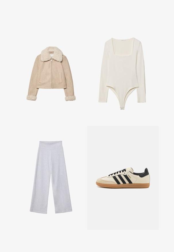 Beige kort jacka i mjukt tyg med en fluffig krämfärgad krage och manschetter, dragkedjestängning och två framfickor.; Långärmad bodysuit i ljus krämfärg, med fyrkantig halsringning, slät yta och knäppningar vid grenen för enkel påklädning.; Ljusgrå vida byxor med hög midja. Tillverkade av mjukt tyg, med en slät yta och lös passform för bekvämlighet.; Beige idrottssko med svarta ränder, gummigummi-sula och svarta detaljer. Har en slät läderöverdel och en rundad tåkonstruktion.