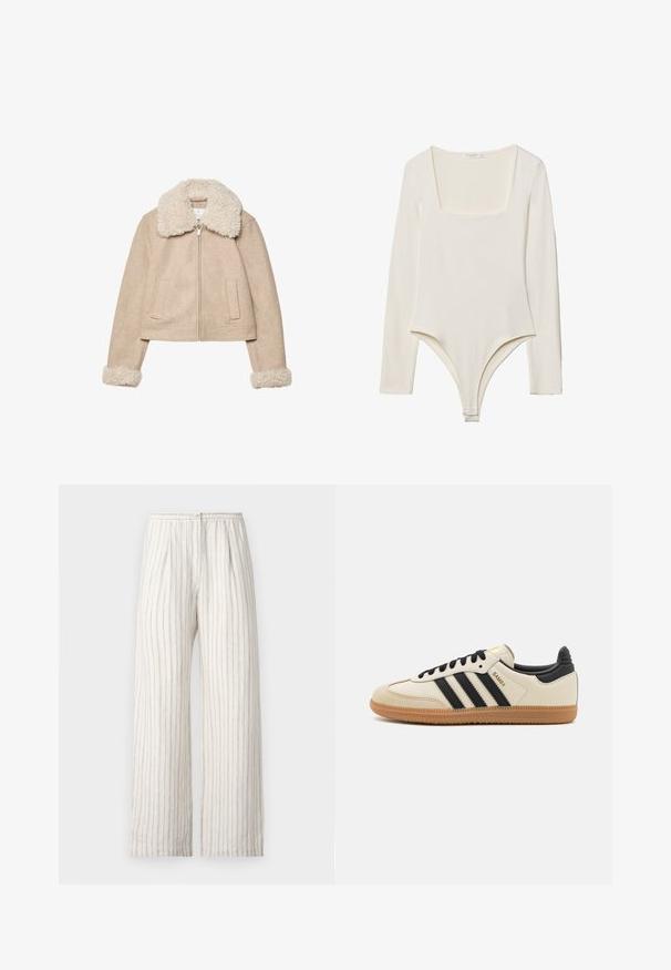 Béžová skrátená bunda vyrobená z mäkkej tkaniny, ktorá má nadýchaný krémový golier a manžety, zipsové uzatváranie a dve predné vrecká.; Dlhý rukáv body v svetlej smotane, ktorý má štvorcový výstrih, hladký povrch a patentky v rozkroku pre jednoduché obliekanie.; Samsøe Samsøe SATOVE TROUSERS - Nohavice - egret; Béžová športová obuv s čiernymi pruhmi, gumovou podošvou a čiernymi akcentami. Má hladký kožený zvršok a zaoblený dizajn prstov.