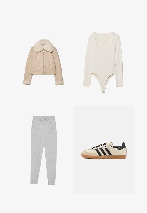 Béžová zkrácená bunda vyrobená z měkké tkaniny, s nadýchaným krémovým límcem a manžetami, se zipovým zapínáním a dvěma předními kapsami.; Bodysuit s dlouhým rukávem v jemné smetanové barvě, s čtvercovým výstřihem, hladkým povrchem a patentkami v rozkroku pro snadné oblékání.; Šedé tepláky s měkkou texturou, elastickým pasem a detaily na šňůrku. Zužující se nohavice s volným střihem.; Beige sportovní obuv s černými pruhy, gumovou podešví a černými akcenty. Disponuje hladkým koženým svrškem a zaobleným tvarem špičky.