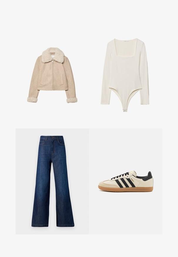 Béžová zkrácená bunda vyrobená z měkké tkaniny, s nadýchaným krémovým límcem a manžetami, se zipovým zapínáním a dvěma předními kapsami.; Bodysuit s dlouhým rukávem v jemné smetanové barvě, s čtvercovým výstřihem, hladkým povrchem a patentkami v rozkroku pro snadné oblékání.; Džíny s širokými nohavicemi vyrobené z tmavě modrého denimu. Mají pět kapes, přední zapínání na knoflík a viditelné švy podél pasu a lemu.; Beige sportovní obuv s černými pruhy, gumovou podešví a černými akcenty. Disponuje hladkým koženým svrškem a zaobleným tvarem špičky.