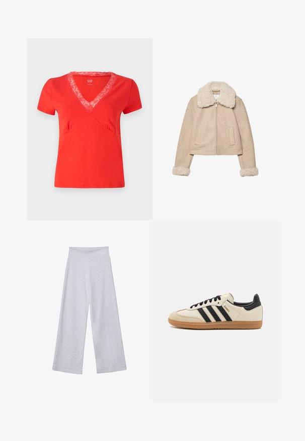Giacca cropped beige realizzata in tessuto morbido, con un colletto e polsini in pelliccia crema, chiusura con zip e due tasche frontali.; T-shirt rossa a maniche corte con scollatura a V e bordo in pizzo. Tessuto morbido, forma aderente e cuciture decorative lungo le cuciture.; Pantaloni larghi grigi chiari con vita alta. Realizzati in un tessuto morbido, presentano una superficie liscia e una vestibilità ampia per il massimo comfort.; Scarpa sportiva beige con strisce nere, suola in gomma naturale e dettagli neri. Presenta una tomaia in pelle liscia e un design a punta arrotondata.