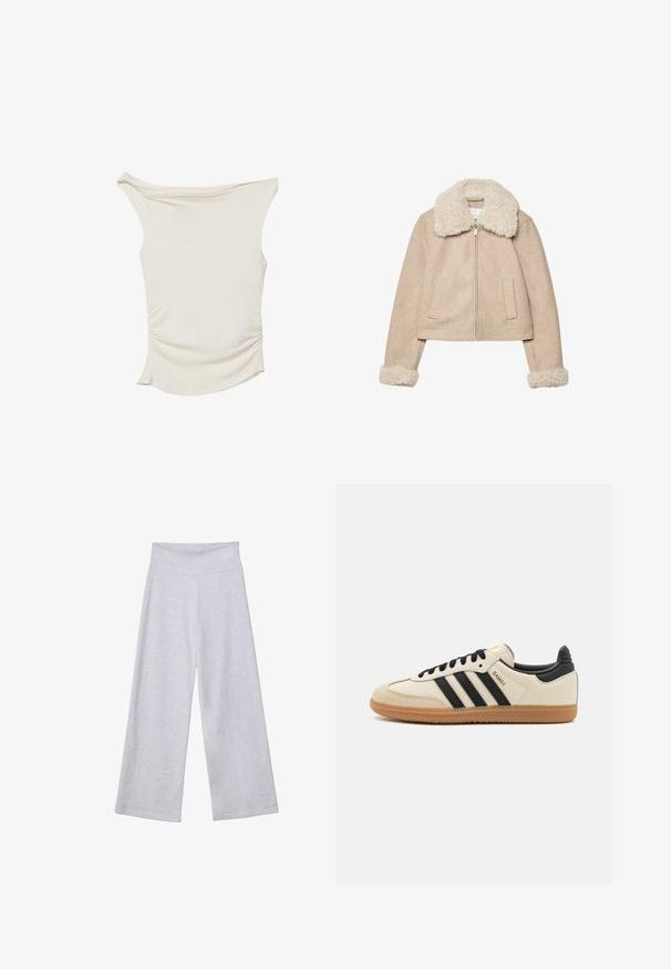 Beige cropped jacket made of soft fabric, featuring a fluffy cream collar and cuffs, zip closure, and two front pockets.; Cream-colored top made of smooth fabric, featuring an off-shoulder design, gathered detailing on the sides, and a curved hemline.; Light gray wide-leg pants with a high waistband. Made from soft fabric, featuring a smooth texture and loose fit for comfort.; Beige athletic shoe with black stripes, gum rubber outsole, and black accents. Features a smooth leather upper and a rounded toe design.