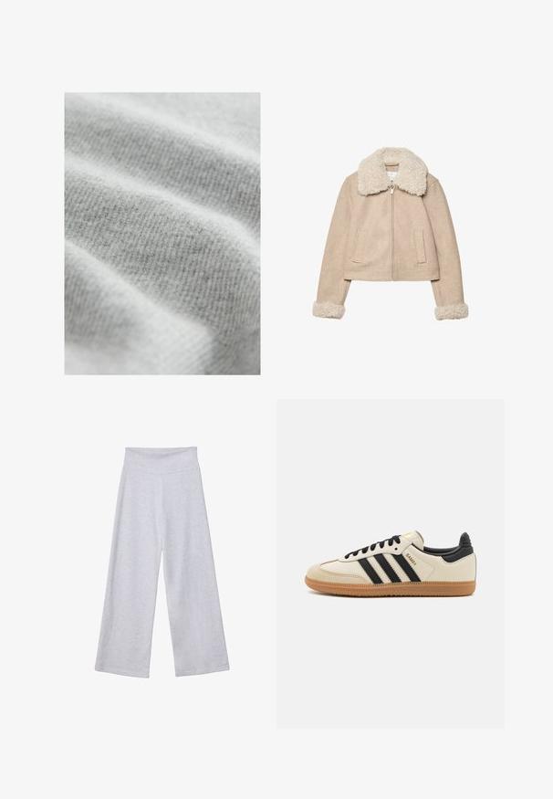 Beige cropped jacket made of soft fabric, featuring a fluffy cream collar and cuffs, zip closure, and two front pockets.; Light gray fabric with a soft, textured ribbed pattern, featuring subtle variations in shading and a smooth, inviting surface.; Light gray wide-leg pants with a high waistband. Made from soft fabric, featuring a smooth texture and loose fit for comfort.; Beige athletic shoe with black stripes, gum rubber outsole, and black accents. Features a smooth leather upper and a rounded toe design.