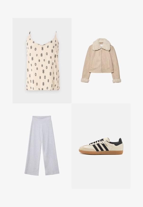 Beige verkürzte Jacke aus weichem Stoff, mit einem flauschigen, cremfarbenen Kragen und Bündchen, Reißverschluss und zwei Vordertaschen.; Cremfarbener Tanktop mit schwarzen geometrischen Mustern, weicher Stoff, verstellbare Spaghettiträger und V-Ausschnitt.; Helle graue, weit geschnittene Hose mit hohem Bund. Hergestellt aus weichem Stoff, mit glatter Textur und lockerer Passform für maximalen Komfort.; Beige Sport Schuh mit schwarzen Streifen, Gummisohle und schwarzen Akzenten. Verfügt über ein Obermaterial aus glattem Leder und ein rundes Zehendesign.