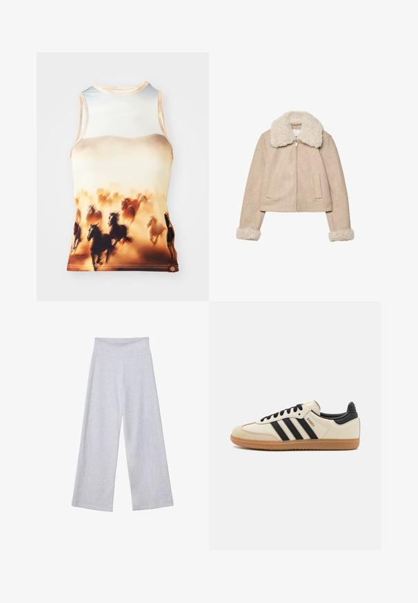 Bež jakna do pasu iz mehkega materiala, z nežnim kremnim ovratnikom in manšetami, z zadrgo in dvema sprednjima žepoma.; Top brez rokavov z motivom tečečih konj v rjavih in kremnih odtenkih, izdelan iz gladkega blaga s kroženim ovratnikom in oprijetim krojem.; Svetlosivi široki hlače z visokim pasom. Narejene iz mehke tkanine, z gladko teksturo in ohlapnim krojem za udobje.; Bež športna čevlja z črnimi črtami, gumijastim podplatom in črnimi detajli. Imajo gladko usnjeno zgornji del in obliko zaobljenega prsta.