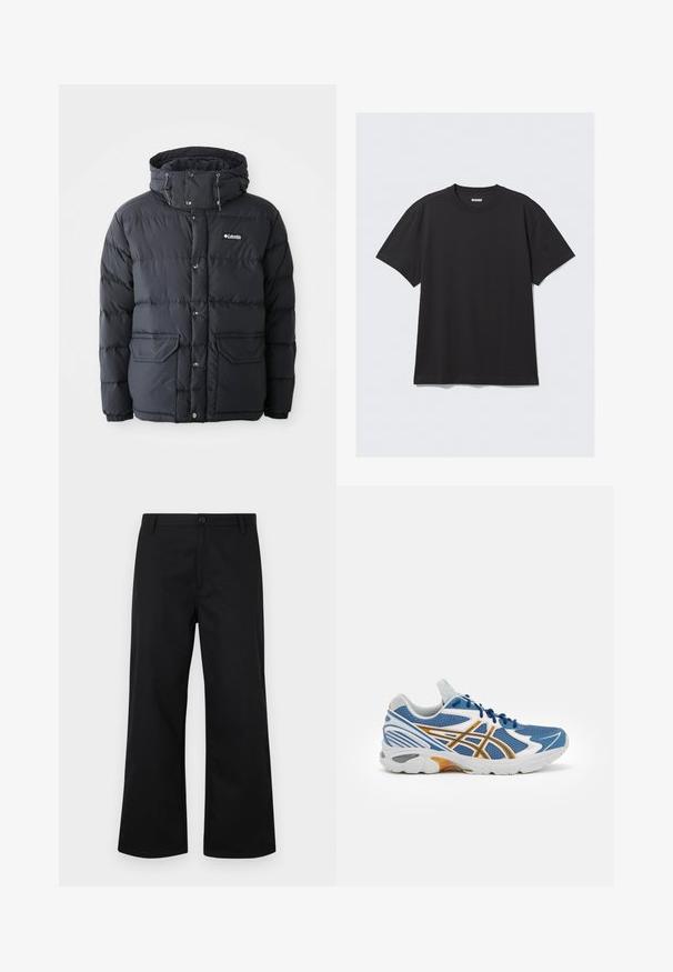 Black puffer jacket with a drawstring hood, snap closure, two front pockets, and quilted design. Made from water-resistant material.; Black short-sleeve t-shirt made of cotton. Features a crew neckline and a relaxed fit. Simple design with no patterns or accents visible.; Black, wide-leg trousers made from smooth fabric. Features a button front closure and standard waistband. Minimalist design, no visible patterns.; Blue athletic shoe with mesh upper, white and orange accents, cushioned midsole, and textured rubber outsole. Features lace-up design.