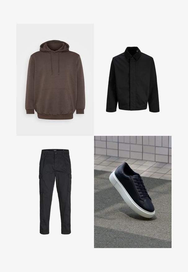 Veste noire avec un col en velours côtelé, coupe droite, manches longues et une texture lisse sans fermetures ni motifs visibles.; Haut à capuche marron en tissu doux, doté d'une poche avant, de cordons de serrage et de bords côtelés aux poignets et à l'ourlet. Design simple sans motifs.; Pantalons cargo noirs en tissu résistant, dotés de plusieurs poches, d'une fermeture par bouton et d'une coupe slim avec des jambes fuselées.; Baskets noires en cuir avec bout arrondi et semelle en caoutchouc blanc. Elles présentent des lacets plats et une couture minimale sur la tige. Semelle texturée pour une bonne adhérence.