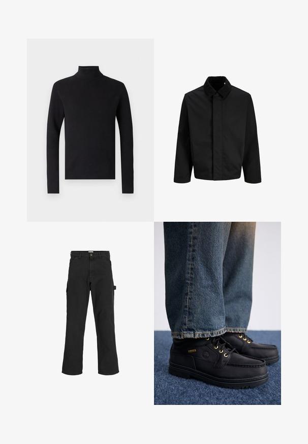 Črna jakna z žakardastim ovratnikom, ravnim krojem, dolgimi rokavi in gladko teksturo brez vidnih zapiranj ali vzorcev.; Črni pulover s stojčkom z rebrastim tekstilom, dolgimi rokavi in prilegajočim silhuetom. Preprost dizajn brez vidnih vzorcev ali akcentov.; Črne cargo hlače iz mešanice bombaža. Imajo široke noge, sprednje diagonalne žepke in stranski žep z zanko za dodatke.; Črne usnjene čevlje z zlatimi očesci in teksturirano površino, v kombinaciji z modrimi jeans hlačami. Čevlji imajo večplastno podplat in podrobnost blagovne znamke.