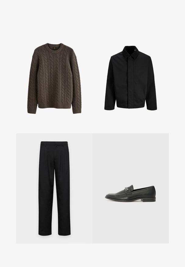 Melnā jaka ar kordūras apkakli, taisnu piegriezumu, garām piedurknēm un gludu tekstūru bez redzamām aizdariem vai rakstiem.; Brūns kabelis adīts džemperis, izgatavots no teksturētas vilnas, ar apaļu kakla izgriezumu un garām piedurknēm ar ribinātām aprocēm un apakšmalu.; Melnas bikses, izgatavotas no gludas auduma, ar taisnu kāju dizainu, divām priekšējām krokām un standarta jostu, kurai ir āķi.; Melna ādas loafer izmēra apavi ar gludu virsmu, piedāvā ar šūtu dizainu un dekoratīvu metāla ķēdes akcentu pār vampu. Plakana papēža daļa.