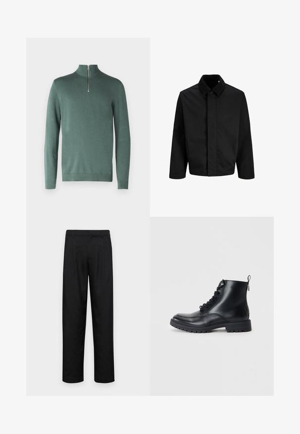 Musta takki, jossa on vakosamettikaulus, suora leikkaus, pitkät hihat ja sileä pinta ilman näkyviä kiinnityksiä tai kuvioita.; Only & Sons ONSALEX HALF ZIP - Neule - chinois green; Mustat housut, jotka on valmistettu sileästä kankaasta, suoran lahkeen muotoilulla, kahdella etupleekillä ja tavanomaisella vyötäröllä, jossa on vyölenkit.; Mustat nahkasaappaat nilkkapituisilla, pyöreällä kärjellä, nauhalla kiinnitettävillä etuosilla ja ompeluyksityiskohdilla. Takana vetoketju ja teksturoitu kumipohja.